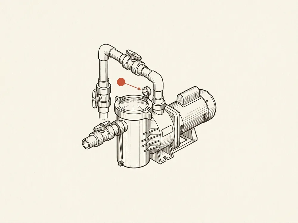 Illustrated ink-linework study of a pool pump and filter assembly, isolated on a plain paper-cream ground, not a photograph of the business's own equipment