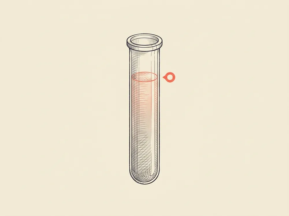 Illustrated test vial with a color-gradient water-chemistry reading, ink-linework style, not a photograph of an actual water test